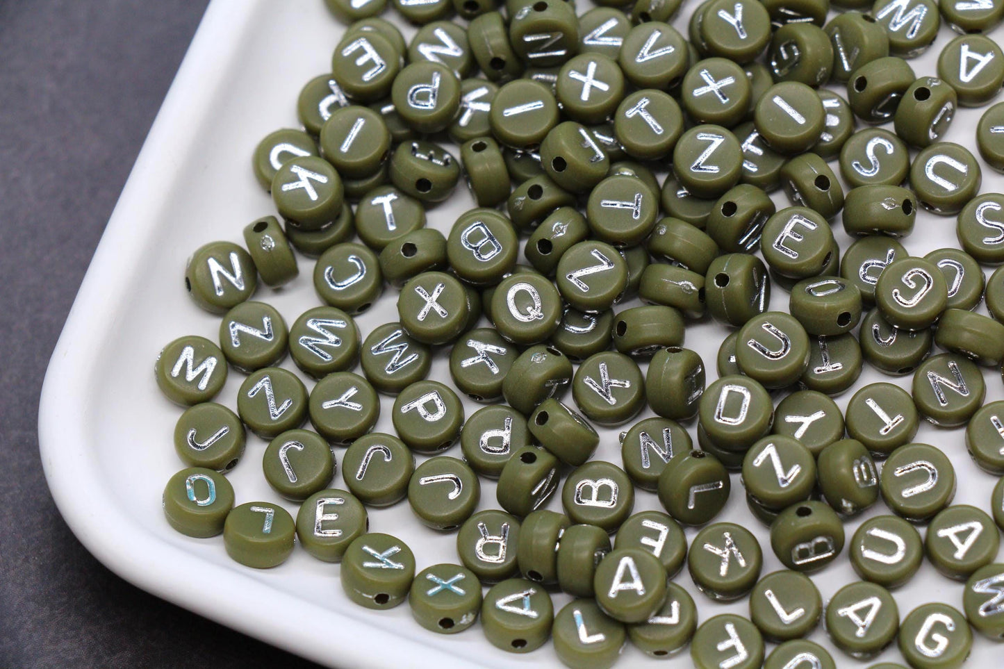 7mm Olive Green Silver Letter Beads for Bracelets