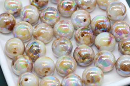 16mm Iridescent Honey Brown Gumball Beads, Marbled Round Acrylic Beads