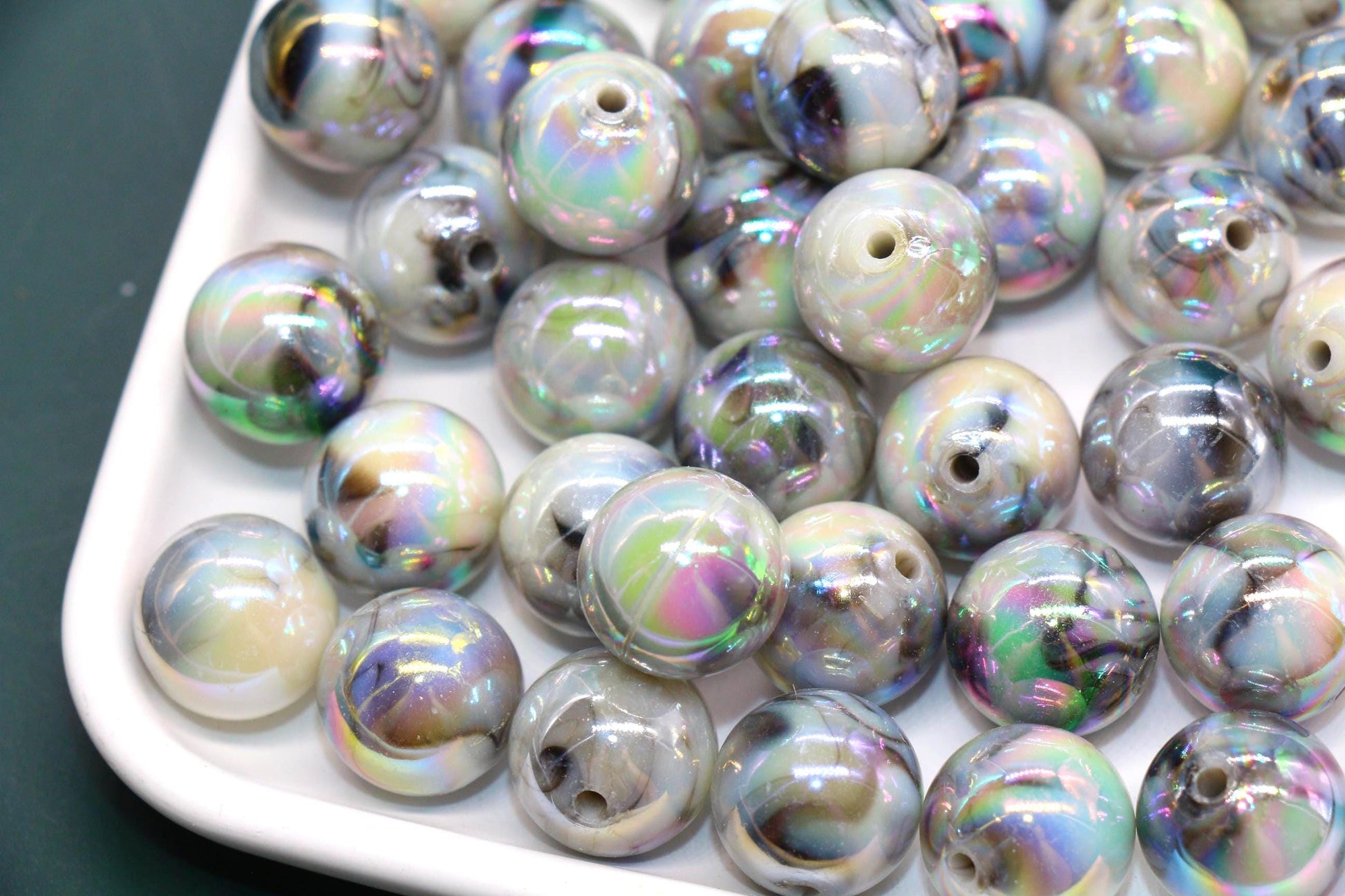 16mm Iridescent Smoky Gumball Beads, Marbled Round Acrylic Beads