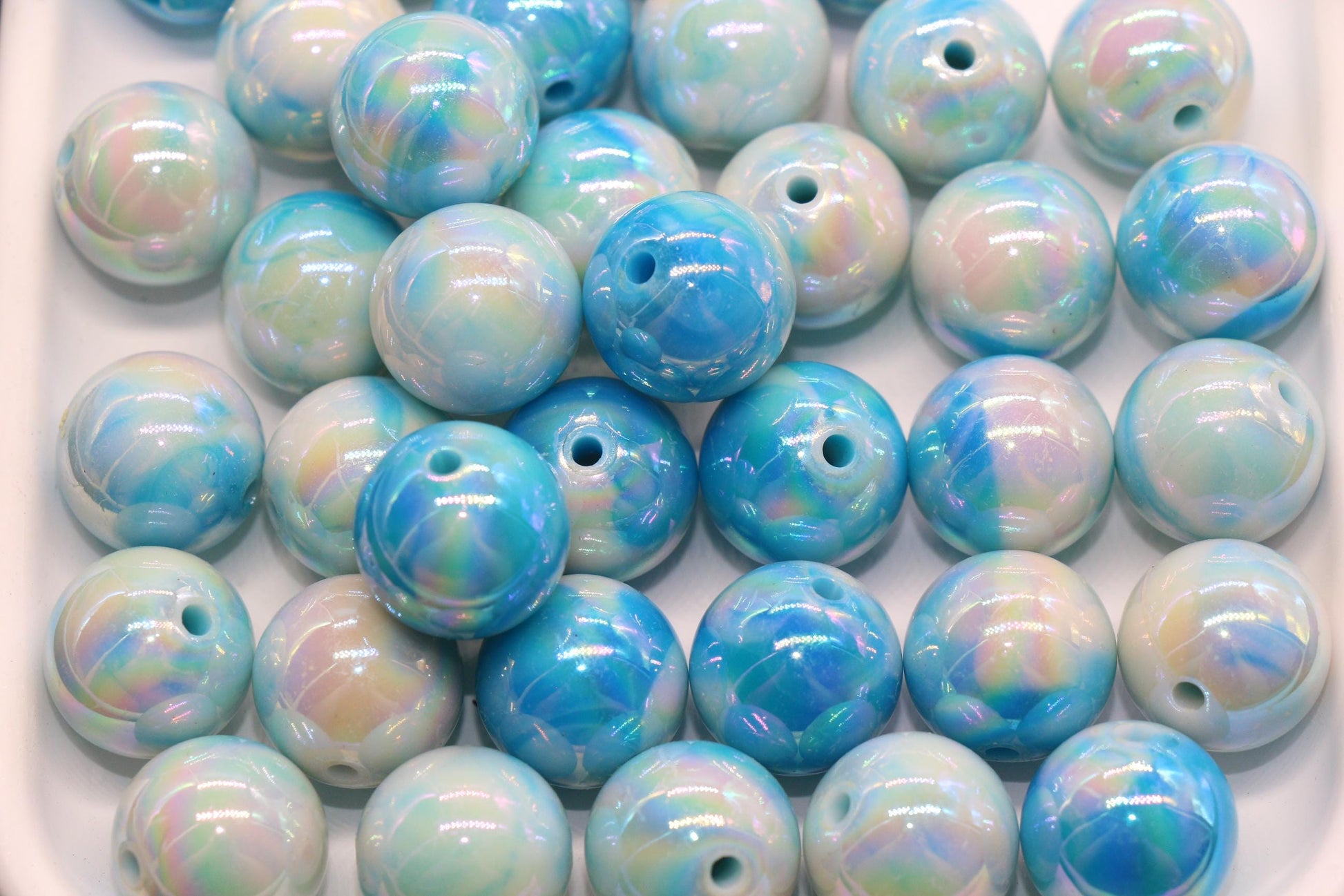 16mm Iridescent Ocean Blue Gumball Beads, Marbled Round Acrylic Beads
