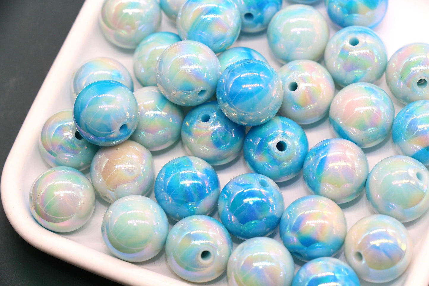 16mm Iridescent Ocean Blue Gumball Beads, Marbled Round Acrylic Beads