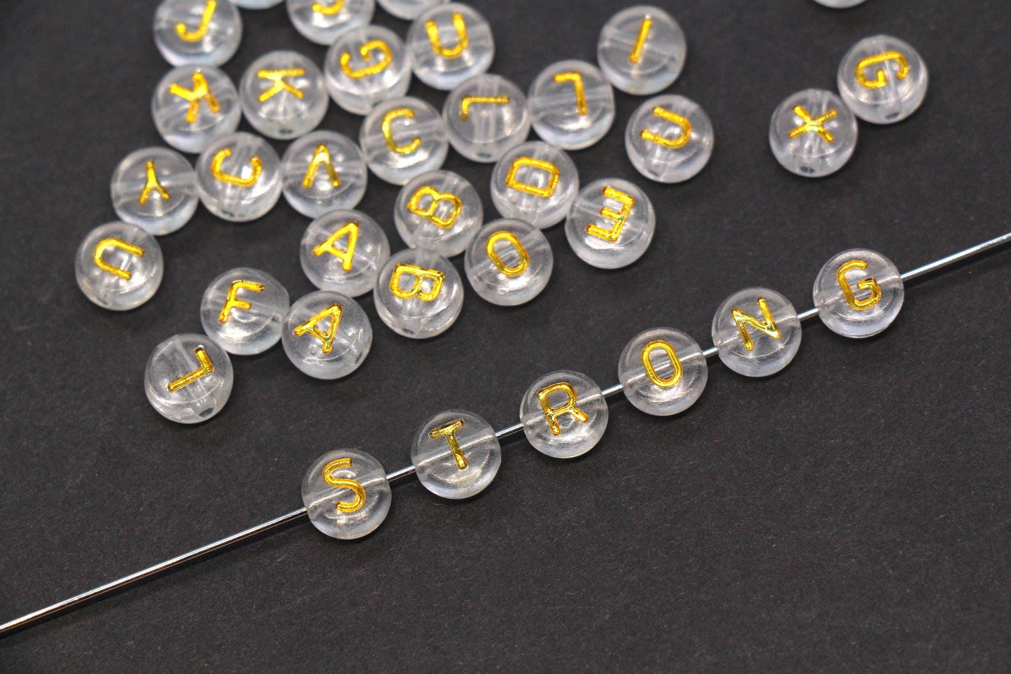 7mm Clear Gold Alphabet Letter Beads, Random Mixed Acrylic ABC Beads for Bracelets, Jewelry Making DIY Craft Supplies #637