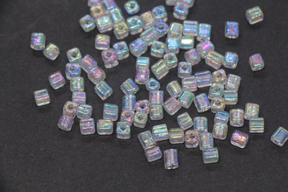 4mm Clear AB Iridescent Square Glass Beads, Transparent Cube Seed Beads, Sparkle Rocailles for Jewelry Making #2118