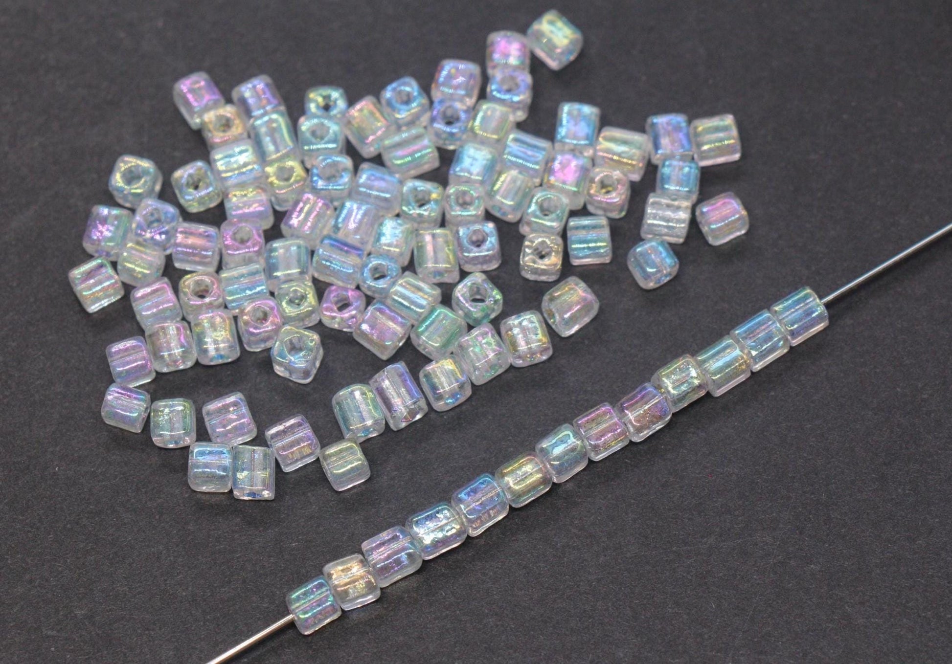4mm Clear AB Iridescent Square Glass Beads, Transparent Cube Seed Beads, Sparkle Rocailles for Jewelry Making #2118