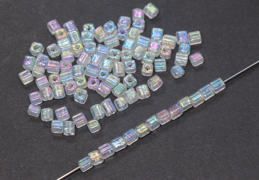 4mm Clear AB Iridescent Square Glass Beads, Transparent Cube Seed Beads, Sparkle Rocailles for Jewelry Making #2118