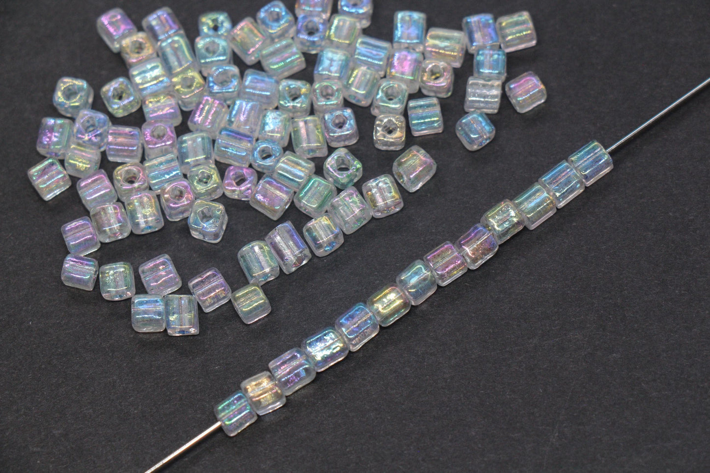 4mm Clear AB Iridescent Square Glass Beads, Transparent Cube Seed Beads, Sparkle Rocailles for Jewelry Making #2118