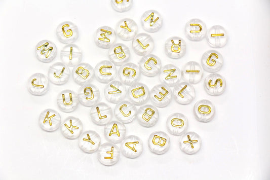 7mm Clear Gold Alphabet Letter Beads, Random Mixed Acrylic ABC Beads for Bracelets, Jewelry Making DIY Craft Supplies #637