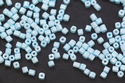 4mm Light Blue Cube Glass Beads, Glossy Square Seed Beads for Bracelet Jewelry Making #1253