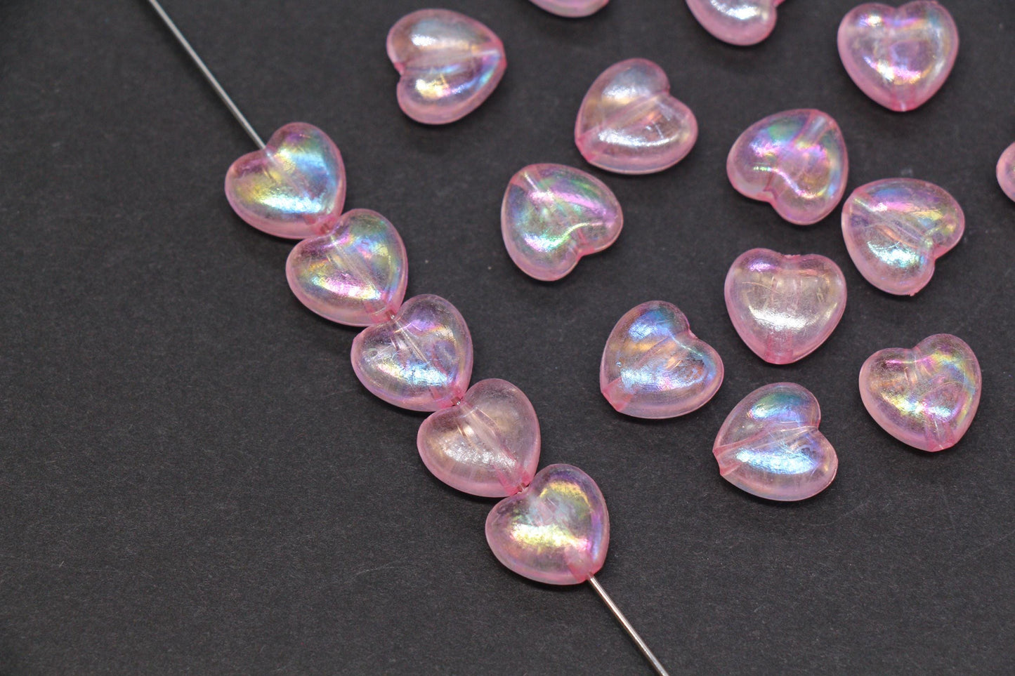 Pink Iridescent Heart Beads, Aurora Borealis Heart Beads for Bracelet Jewelry Making #2197