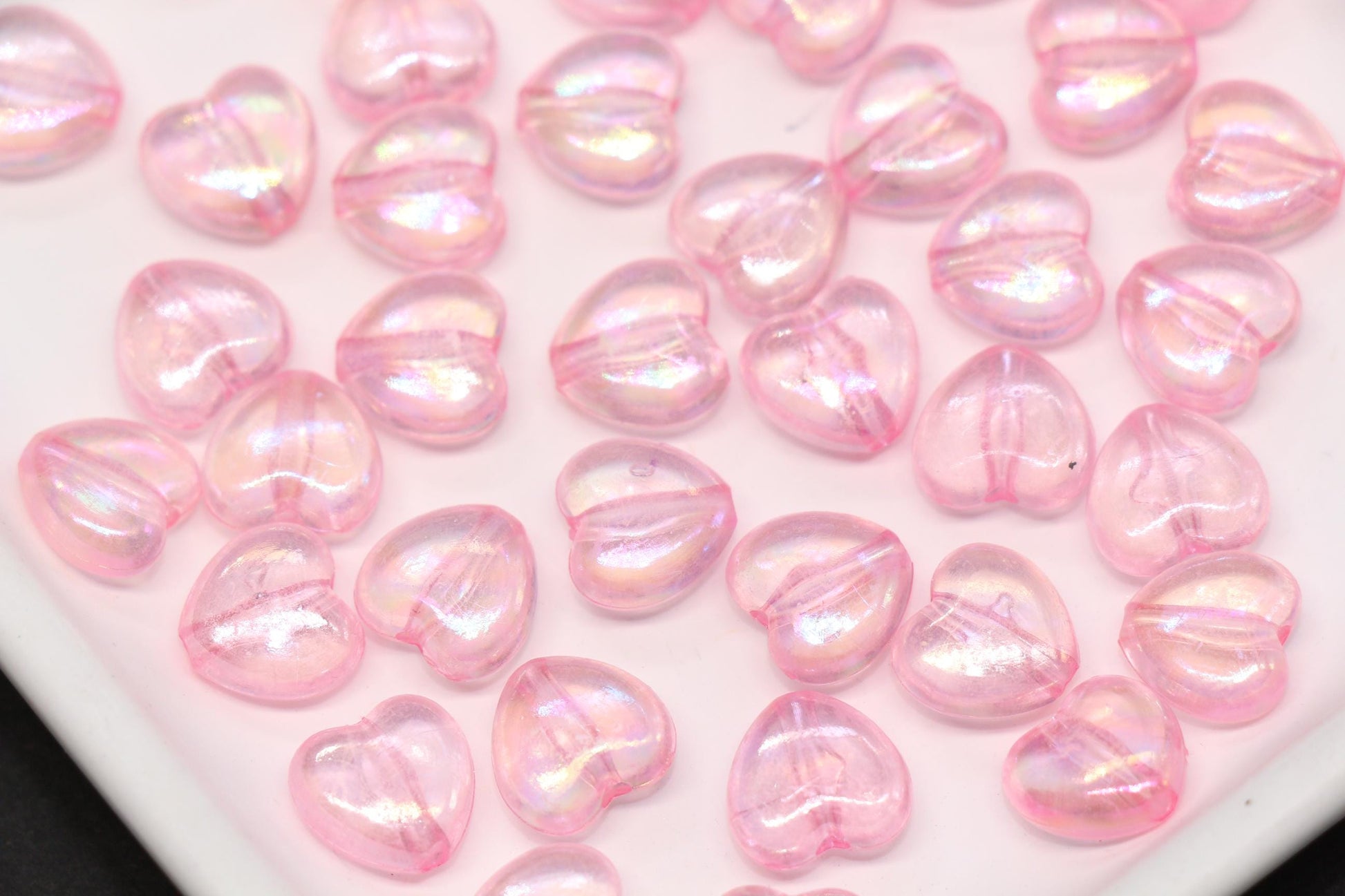 Pink Iridescent Heart Beads, Aurora Borealis Heart Beads for Bracelet Jewelry Making #2197
