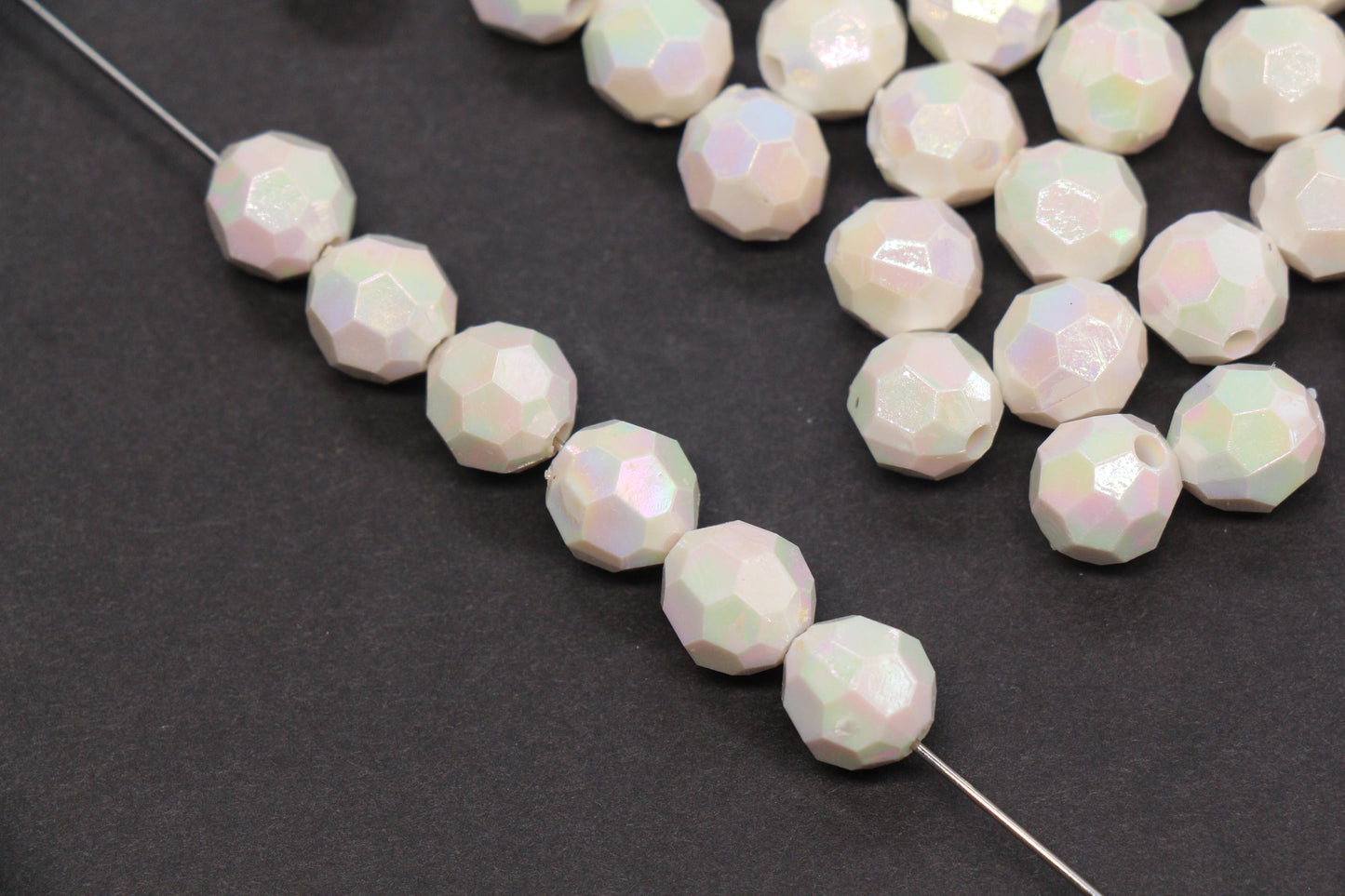 10mm Faceted AB Beads, Iridescent White Acrylic Beads for Jewelry Making #787