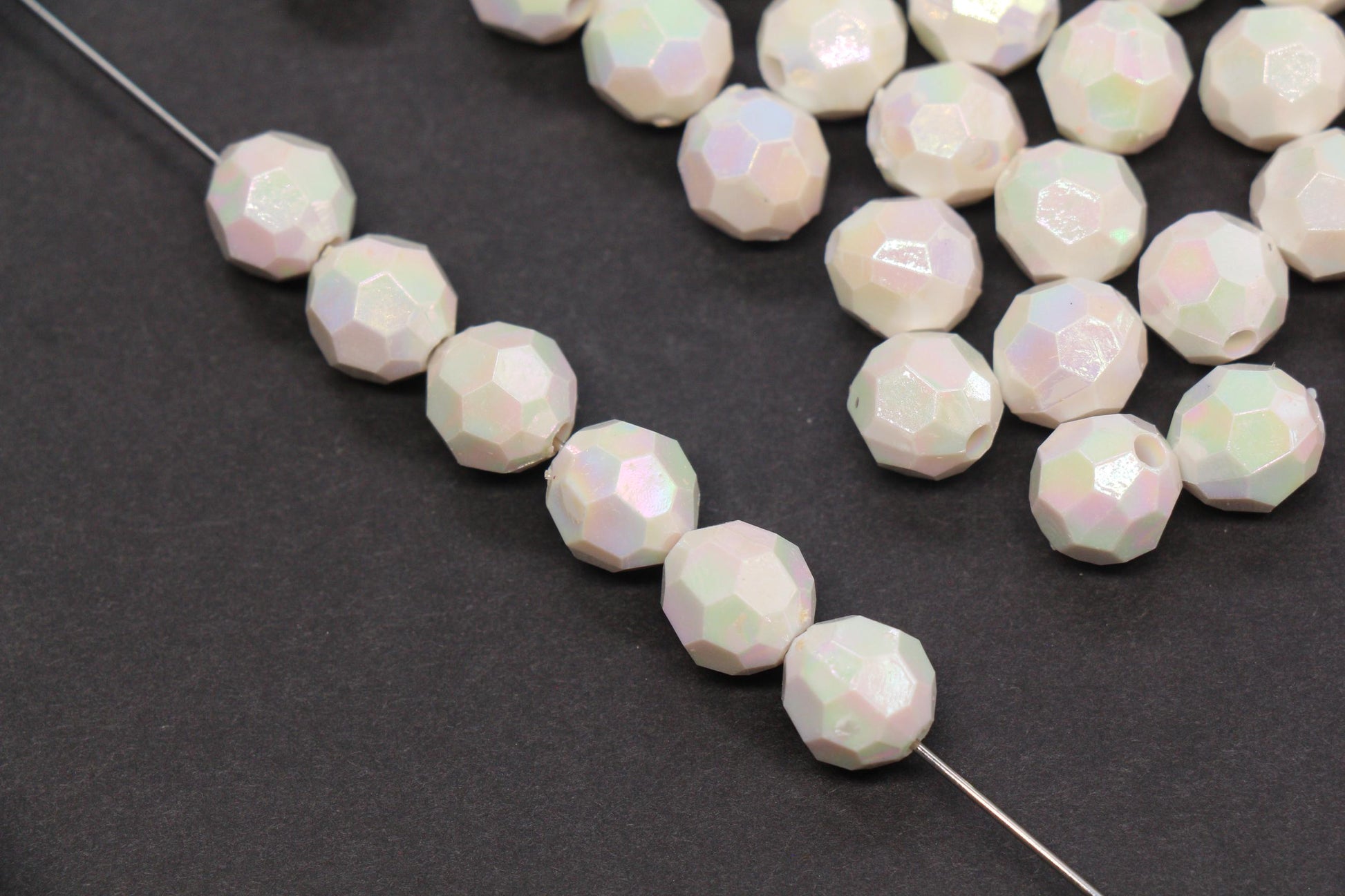 10mm Faceted AB Beads, Iridescent White Acrylic Beads for Jewelry Making #787