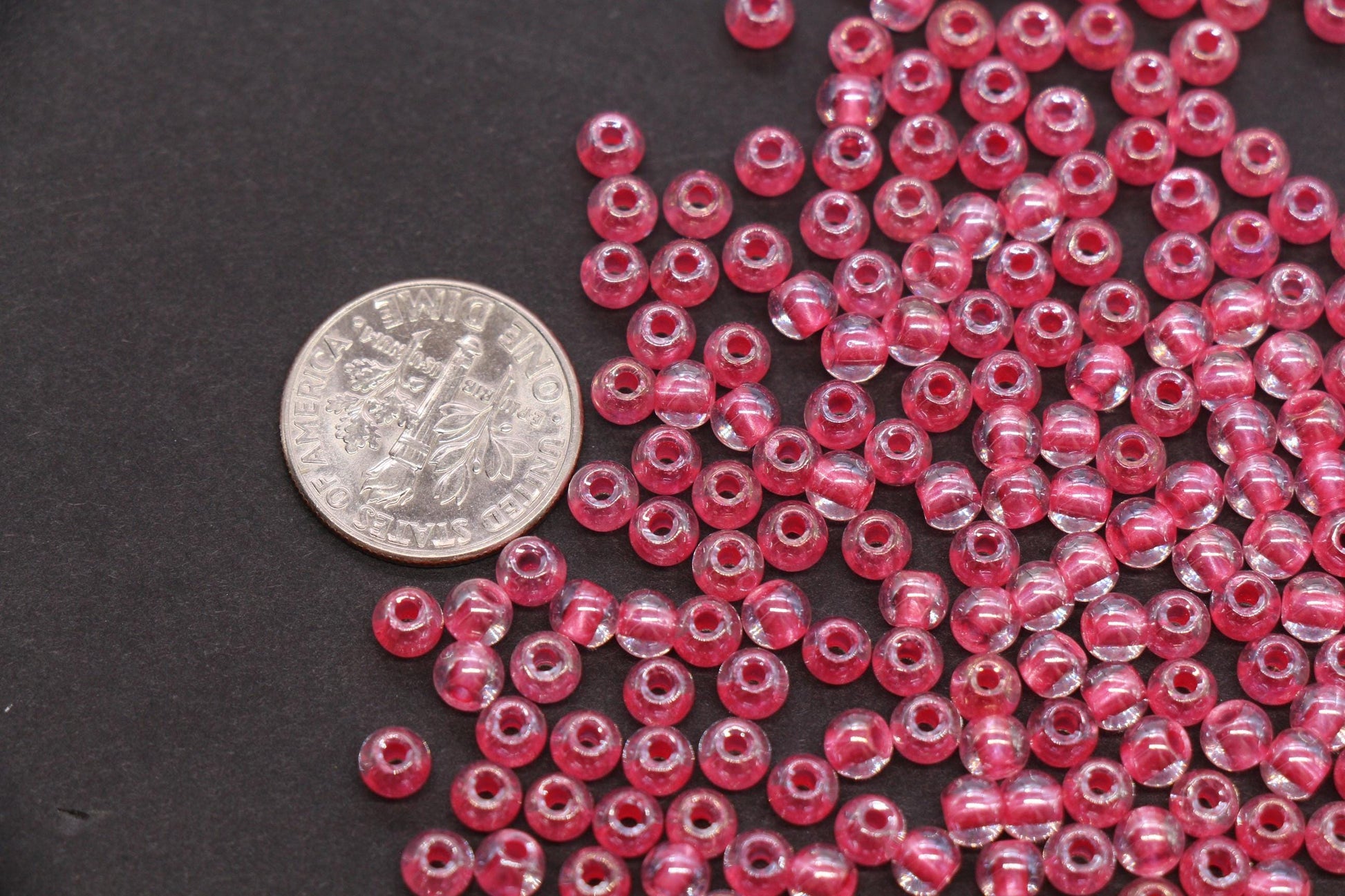 4mm Pink Lined Glass Beads, Glossy Transparent Round Seed Beads for Bracelets, Clear Pink Spacer Beads, DIY Jewelry Supplies #1743