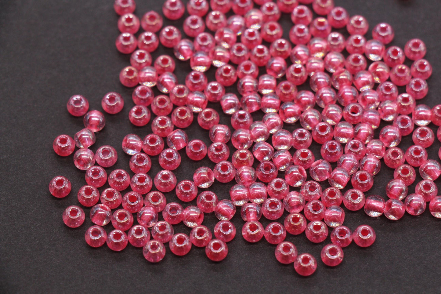 4mm Pink Lined Glass Beads, Glossy Transparent Round Seed Beads for Bracelets, Clear Pink Spacer Beads, DIY Jewelry Supplies #1743