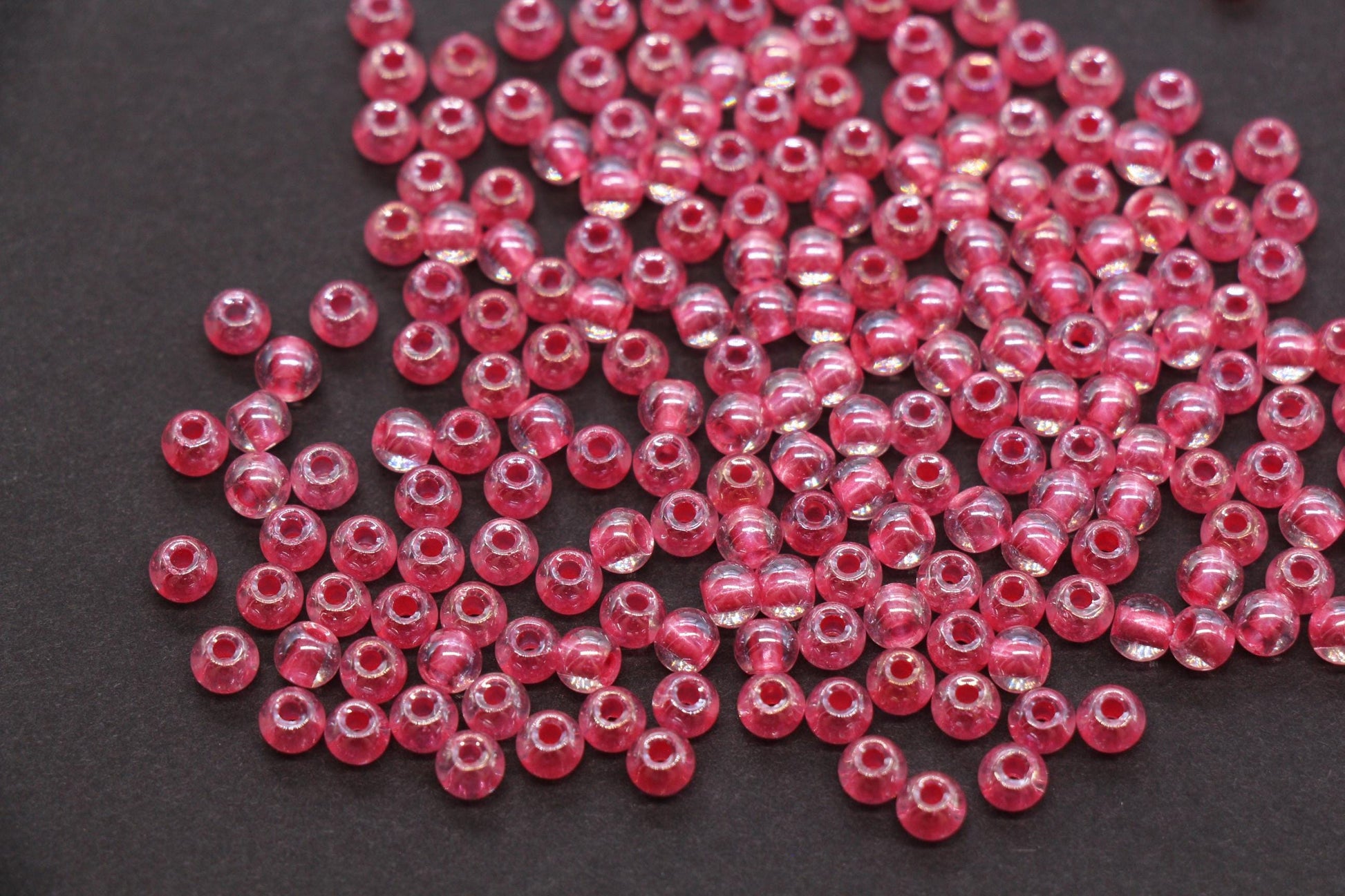4mm Pink Lined Glass Beads, Glossy Transparent Round Seed Beads for Bracelets, Clear Pink Spacer Beads, DIY Jewelry Supplies #1743