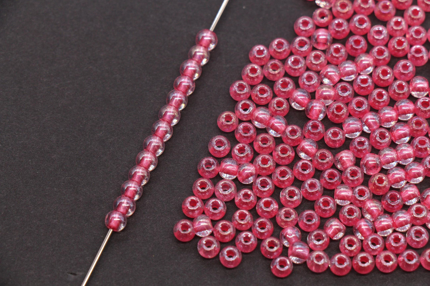 4mm Pink Lined Glass Beads, Glossy Transparent Round Seed Beads for Bracelets, Clear Pink Spacer Beads, DIY Jewelry Supplies #1743