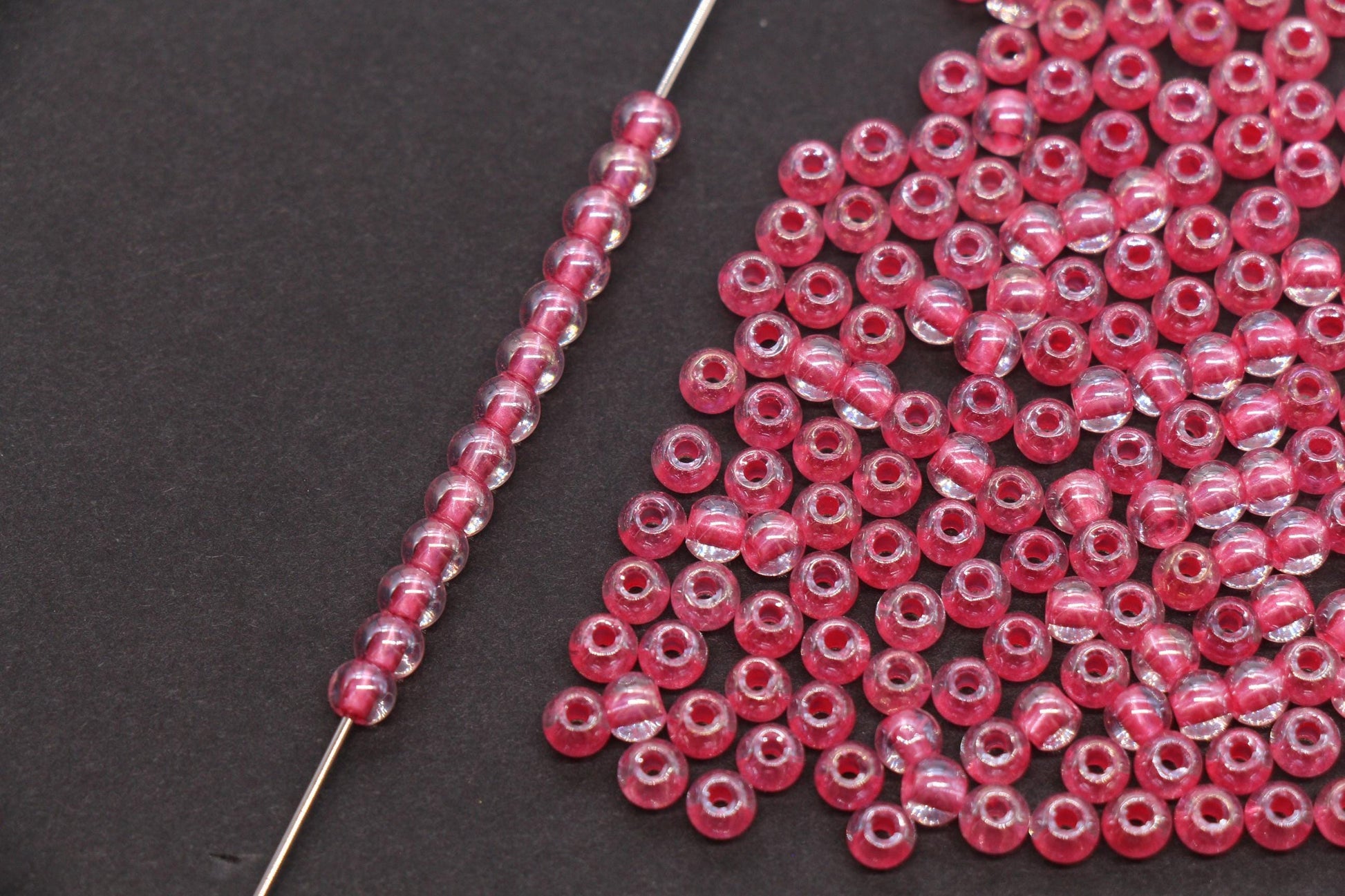 4mm Pink Lined Glass Beads, Glossy Transparent Round Seed Beads for Bracelets, Clear Pink Spacer Beads, DIY Jewelry Supplies #1743