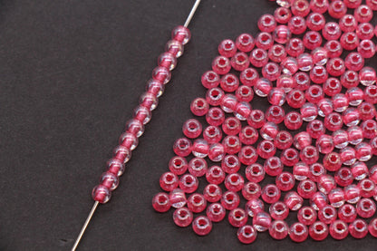 4mm Pink Lined Glass Beads, Glossy Transparent Round Seed Beads for Bracelets, Clear Pink Spacer Beads, DIY Jewelry Supplies #1743