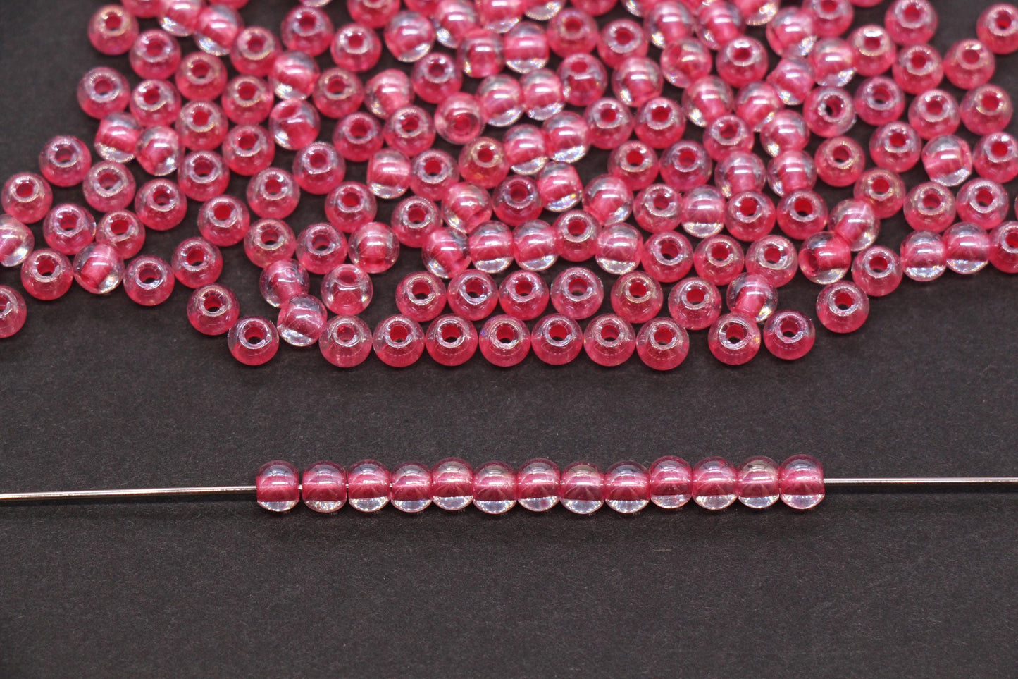 4mm Pink Lined Glass Beads, Glossy Transparent Round Seed Beads for Bracelets, Clear Pink Spacer Beads, DIY Jewelry Supplies #1743