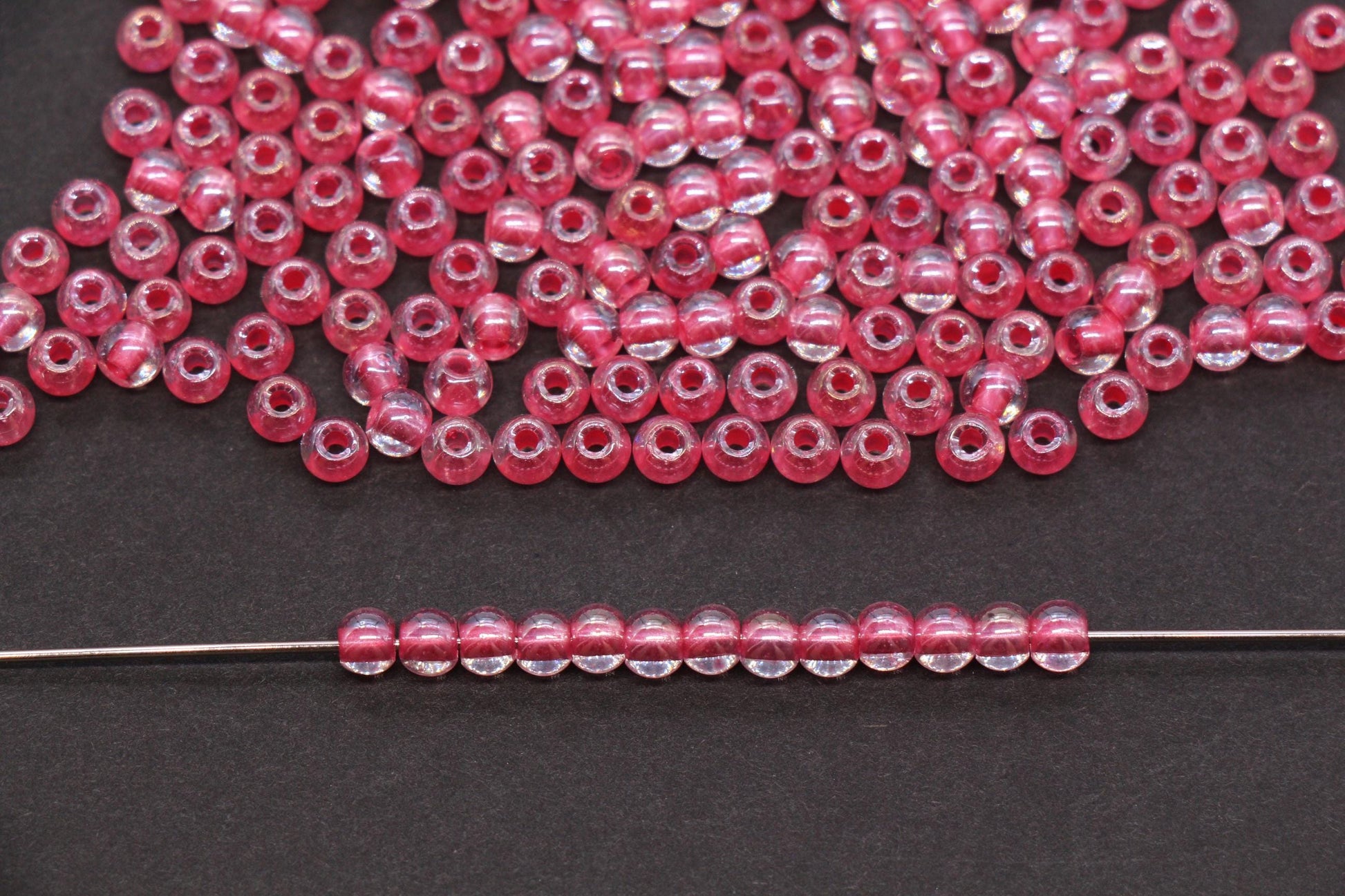 4mm Pink Lined Glass Beads, Glossy Transparent Round Seed Beads for Bracelets, Clear Pink Spacer Beads, DIY Jewelry Supplies #1743