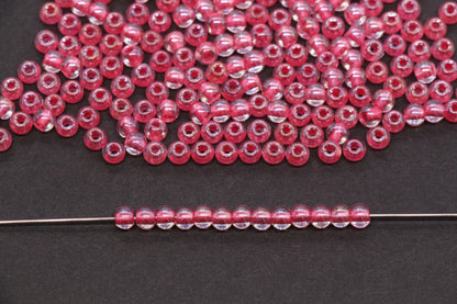 4mm Pink Lined Glass Beads, Glossy Transparent Round Seed Beads for Bracelets, Clear Pink Spacer Beads, DIY Jewelry Supplies #1743