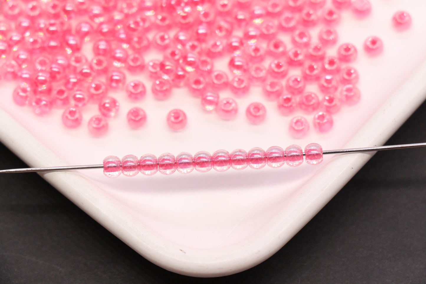 4mm Pink Lined Glass Beads, Glossy Transparent Round Seed Beads for Bracelets, Clear Pink Spacer Beads, DIY Jewelry Supplies #1743