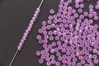 4mm Purple Lined Glass Beads, Glossy Transparent Round Seed Beads for Bracelets, Clear Lavender Spacer Beads, DIY Jewelry Supplies #2921