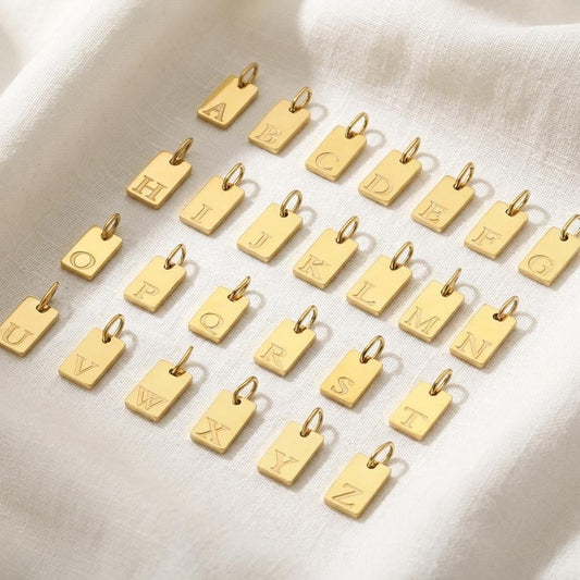 14K Gold Plated Rectangle Initial Charm, Stainless Steel