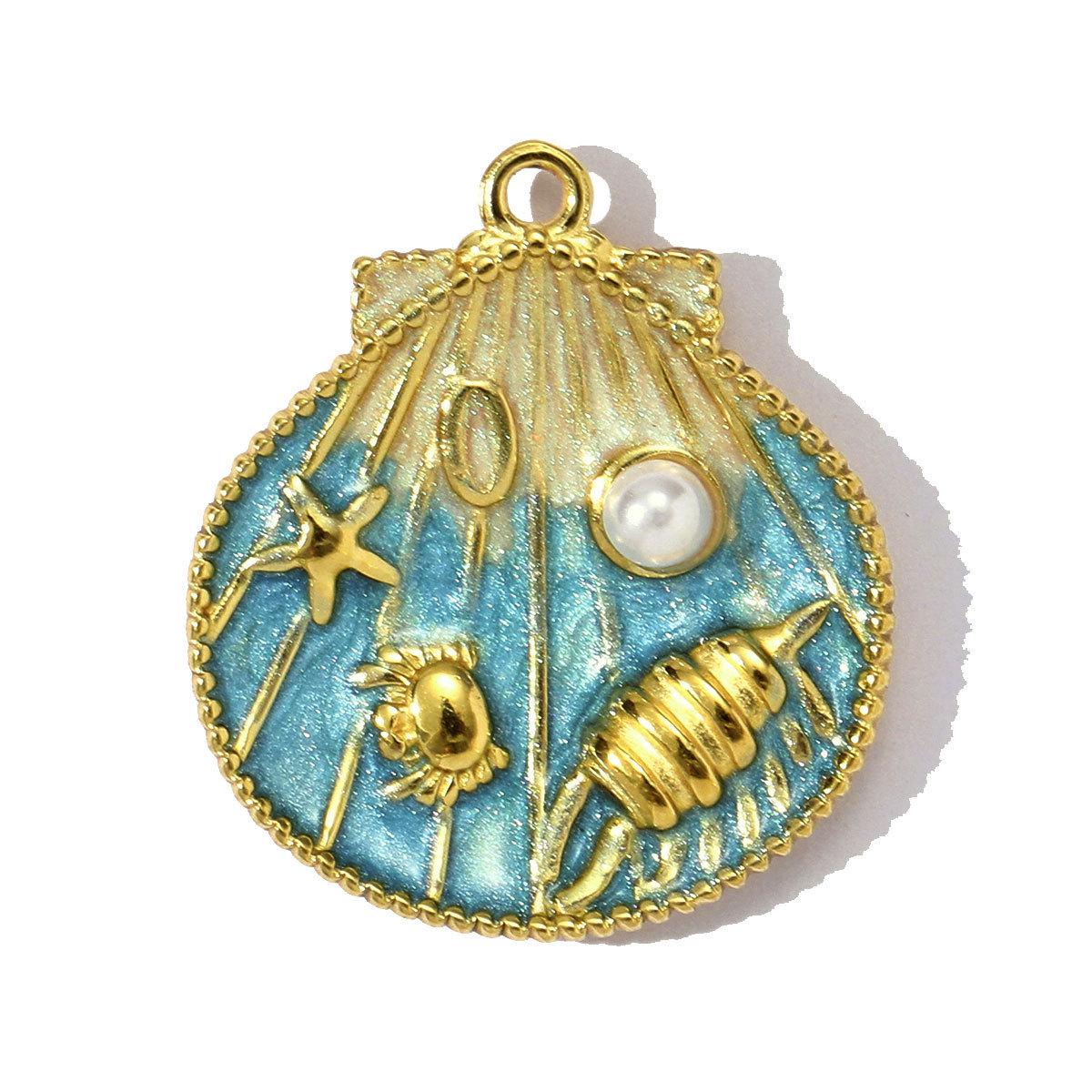 14K Gold Plated Seashell Pendant Charm, Beach Shell Charm with Pearl, Stainless Steel Ocean Charm, DIY Jewelry Supply