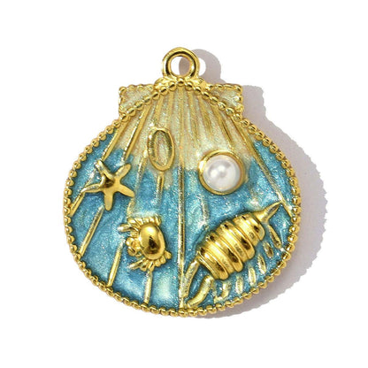 14K Gold Plated Seashell Pendant Charm, Beach Shell Charm with Pearl, Stainless Steel Ocean Charm, DIY Jewelry Supply