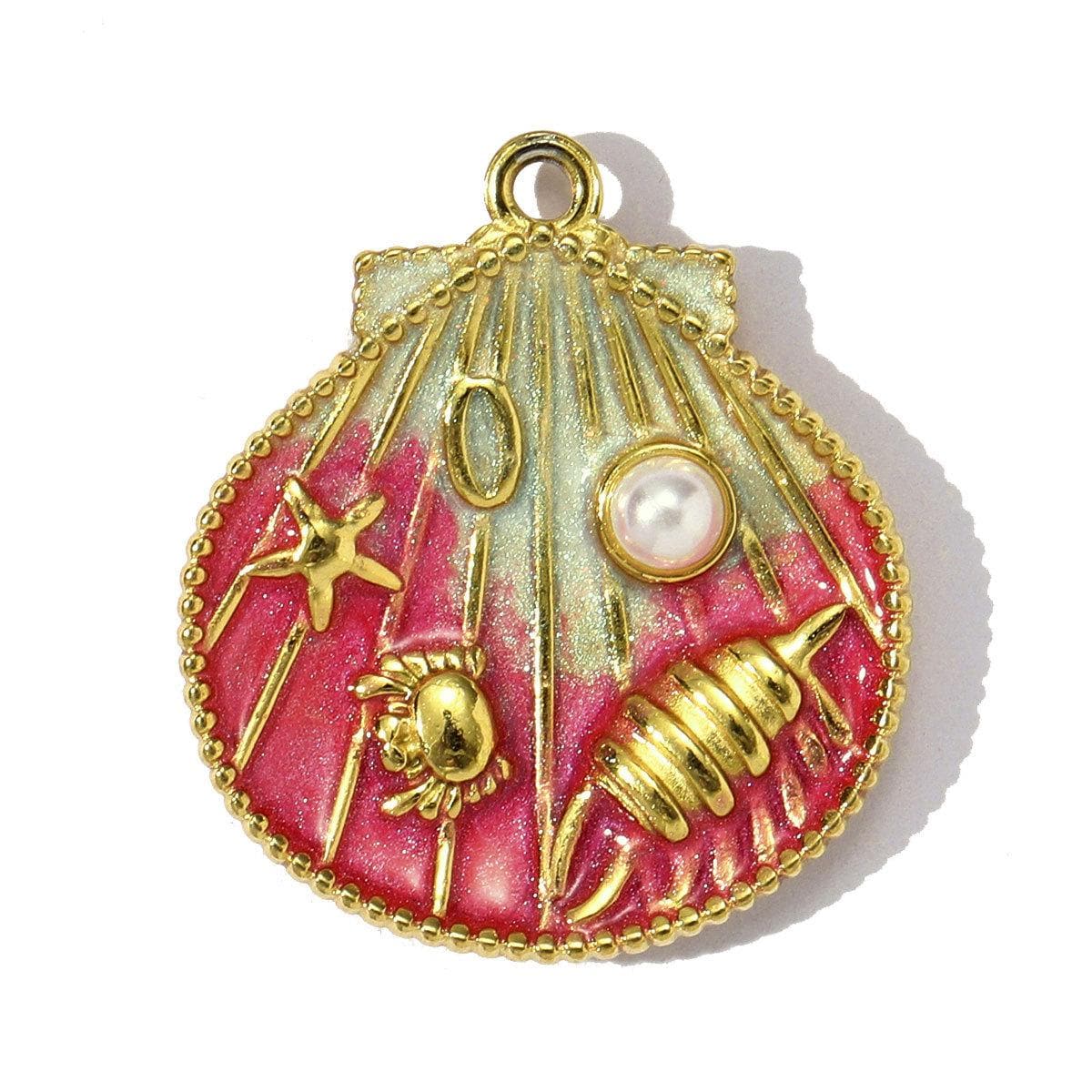 14K Gold Plated Seashell Pendant Charm, Beach Shell Charm with Pearl, Stainless Steel Ocean Charm, DIY Jewelry Supply