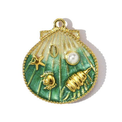 14K Gold Plated Seashell Pendant Charm, Beach Shell Charm with Pearl, Stainless Steel Ocean Charm, DIY Jewelry Supply
