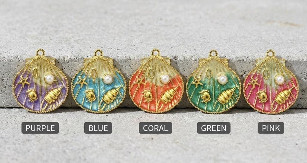 14K Gold Plated Seashell Pendant Charm, Beach Shell Charm with Pearl, Stainless Steel Ocean Charm, DIY Jewelry Supply