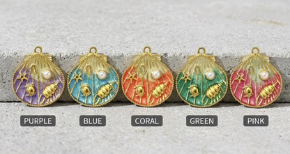 14K Gold Plated Seashell Pendant Charm, Beach Shell Charm with Pearl, Stainless Steel Ocean Charm, DIY Jewelry Supply