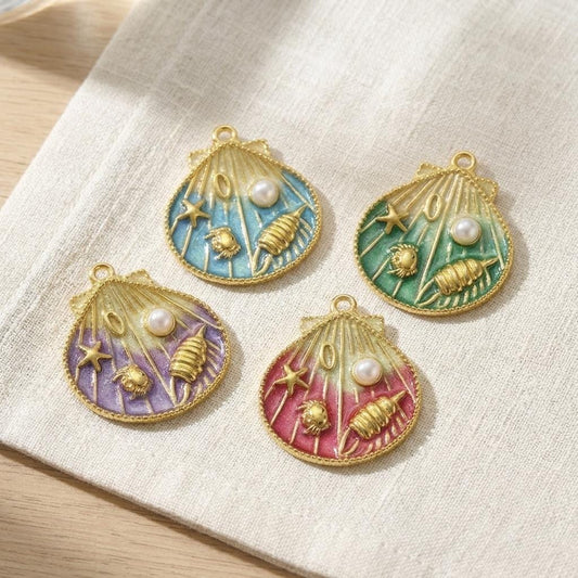 14K Gold Plated Seashell Pendant Charm, Beach Shell Charm with Pearl, Stainless Steel Ocean Charm, DIY Jewelry Supply