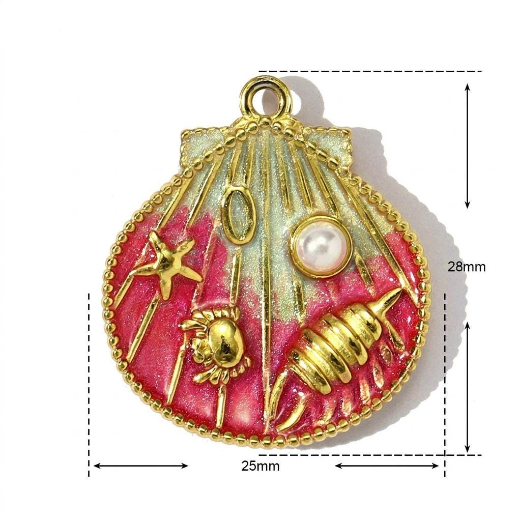 14K Gold Plated Seashell Pendant Charm, Beach Shell Charm with Pearl, Stainless Steel Ocean Charm, DIY Jewelry Supply