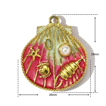 14K Gold Plated Seashell Pendant Charm, Beach Shell Charm with Pearl, Stainless Steel Ocean Charm, DIY Jewelry Supply
