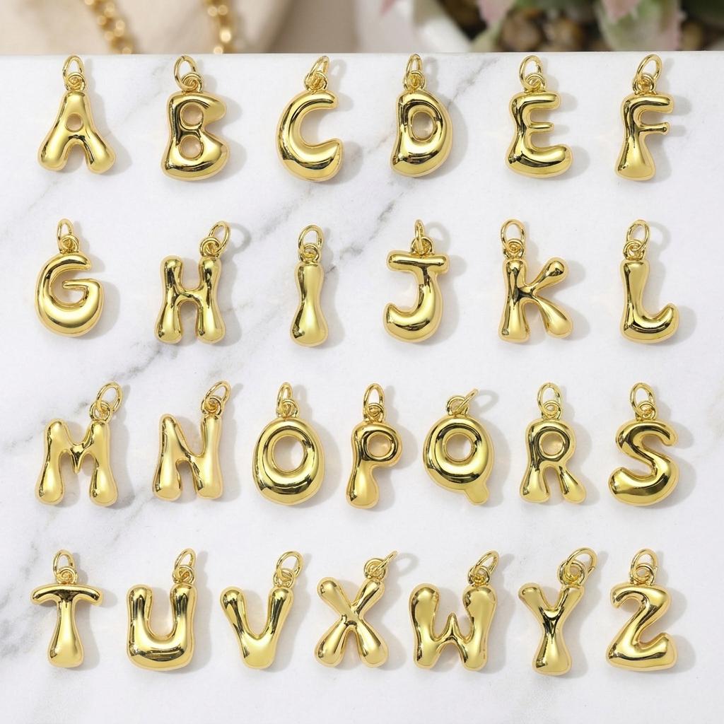Gold Plated Bubble Letter Pendant Charm, Copper Initial Charm, Puffy Alphabet Necklace Charm, DIY Jewelry Supply,