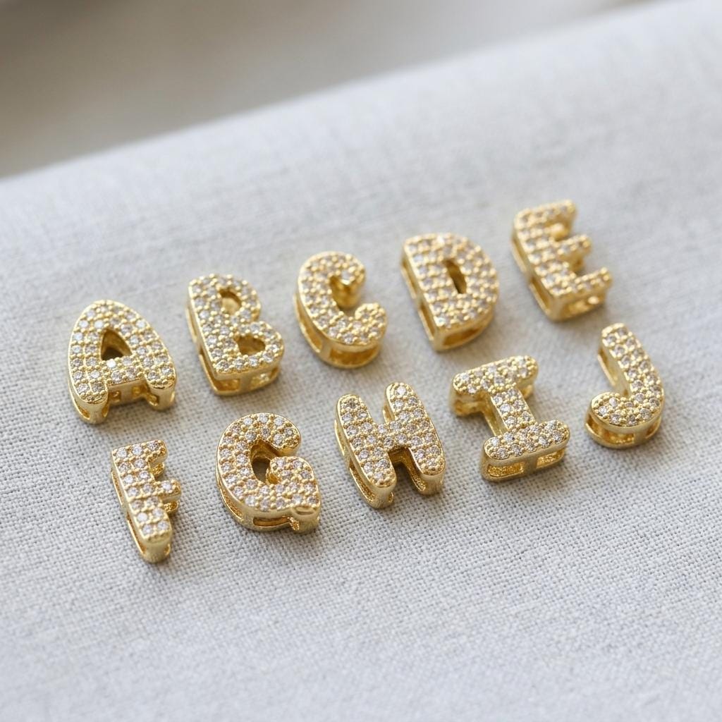 18K Gold Plated Cubic Zirconia Letter Charm, Mini Initial Pendant, Copper Alphabet Charm, Sparkly DIY Necklace Jewelry Supply