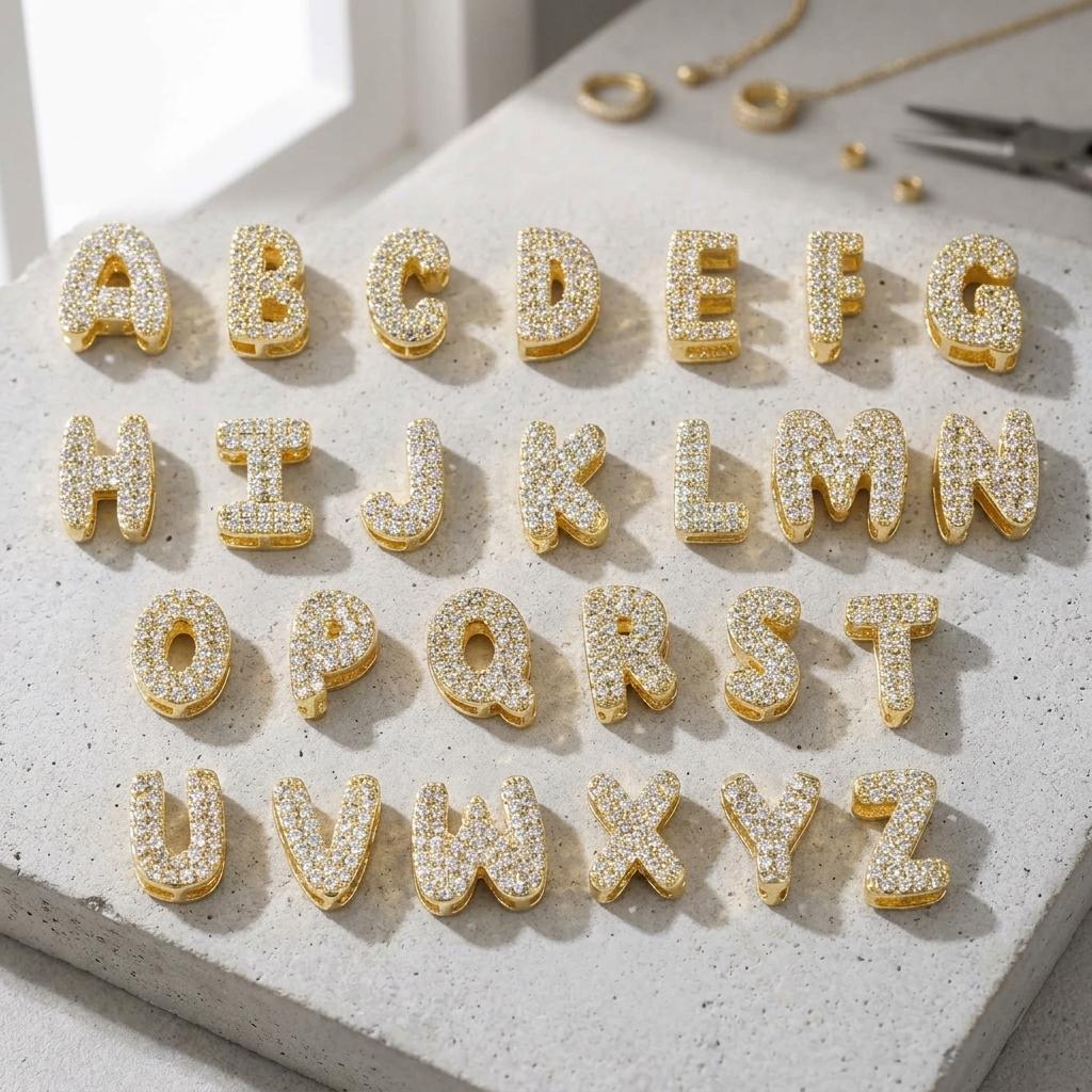 18K Gold Plated Cubic Zirconia Letter Charm, Mini Initial Pendant, Copper Alphabet Charm, Sparkly DIY Necklace Jewelry Supply
