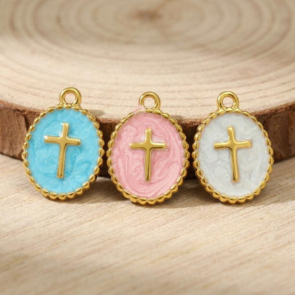 Gold enamel cross charms made with stainless steel, colorful oval faith pendants for necklaces, charm bracelets and DIY jewelry making.