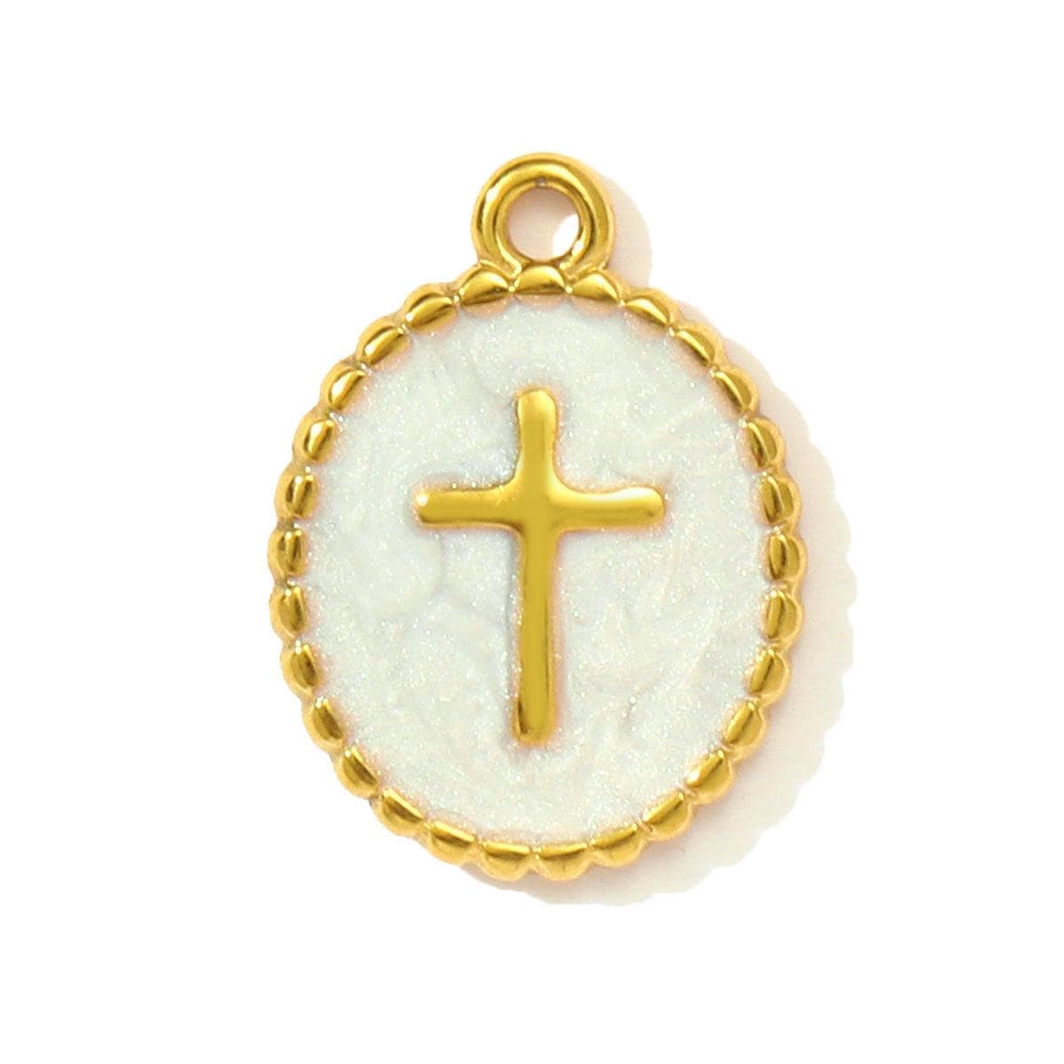 Gold Enamel Cross Charm, Stainless Steel Faith Pendant, Religious Necklace Charm, DIY Jewelry Supply