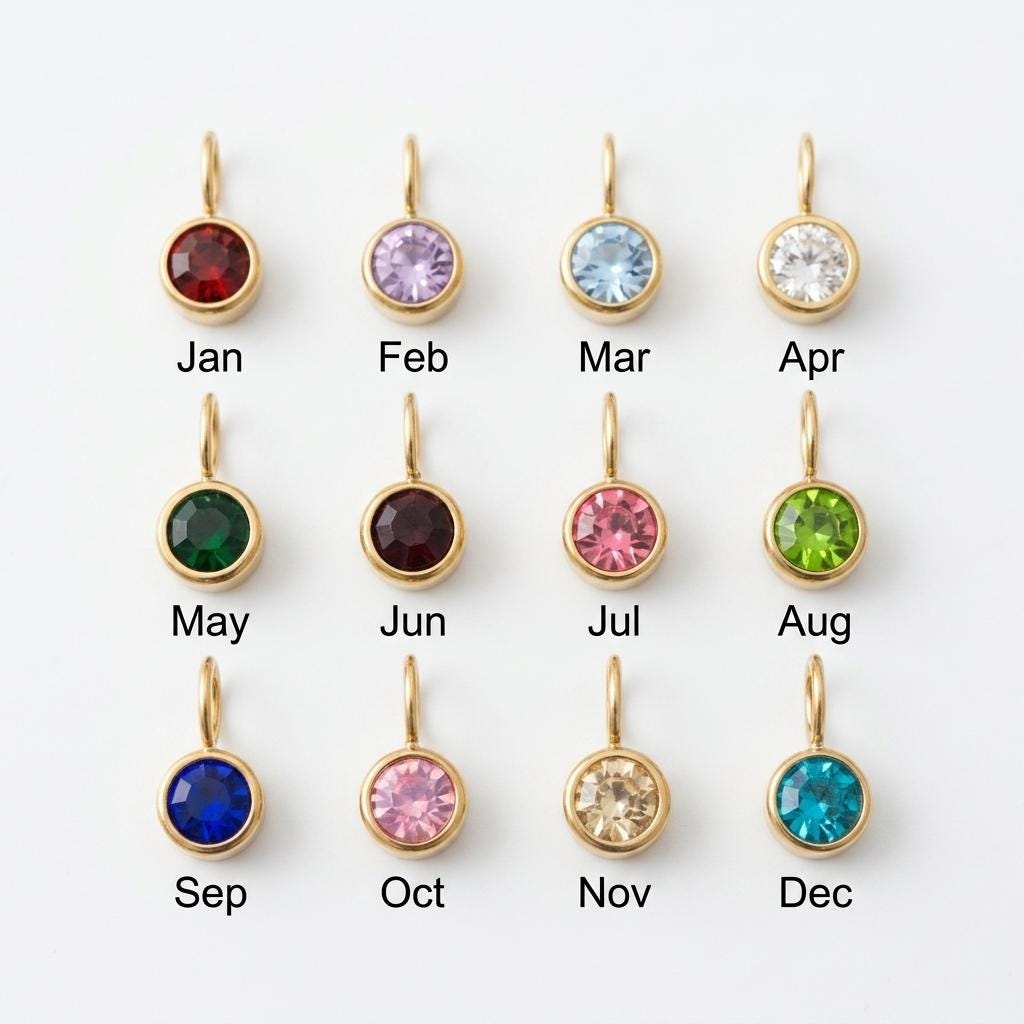Gold birthstone month charms made with stainless steel, round birth month pendants for necklaces, charm bracelets and DIY jewelry making.