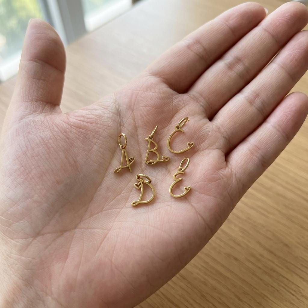 Gold Script Initial Charm, Stainless Steel Letter Pendant with Heart, Alphabet Necklace Charm, DIY Jewelry Supply