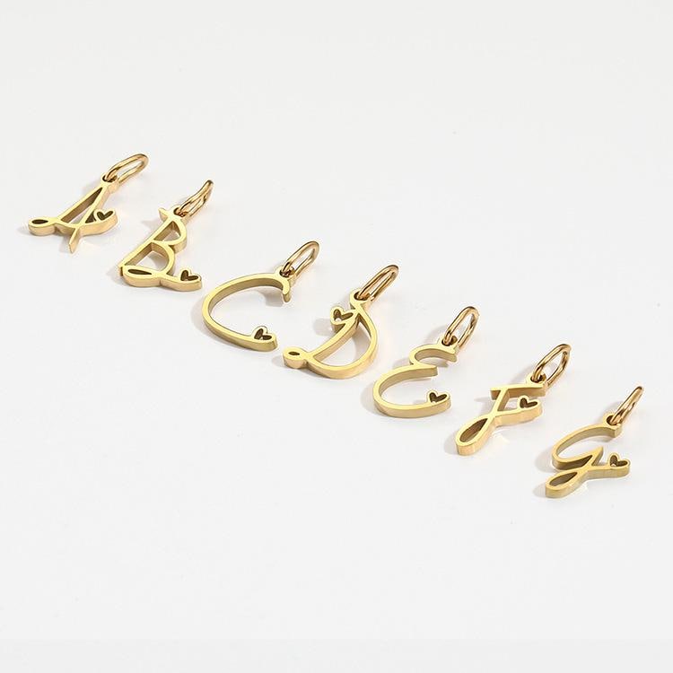 Gold Script Initial Charm, Stainless Steel Letter Pendant with Heart, Alphabet Necklace Charm, DIY Jewelry Supply