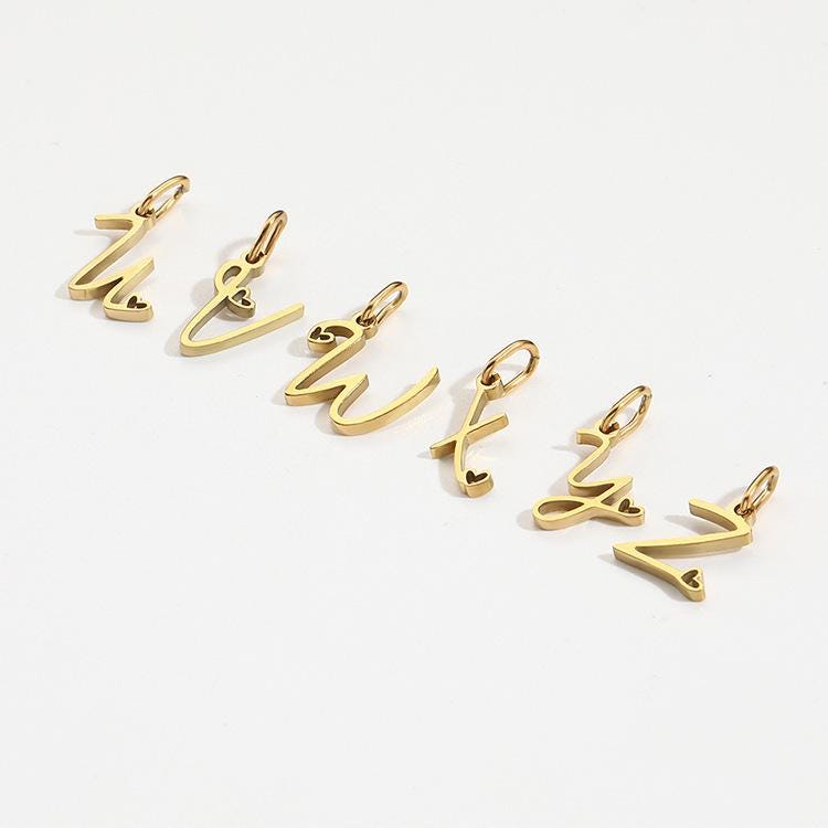 Gold Script Initial Charm, Stainless Steel Letter Pendant with Heart, Alphabet Necklace Charm, DIY Jewelry Supply
