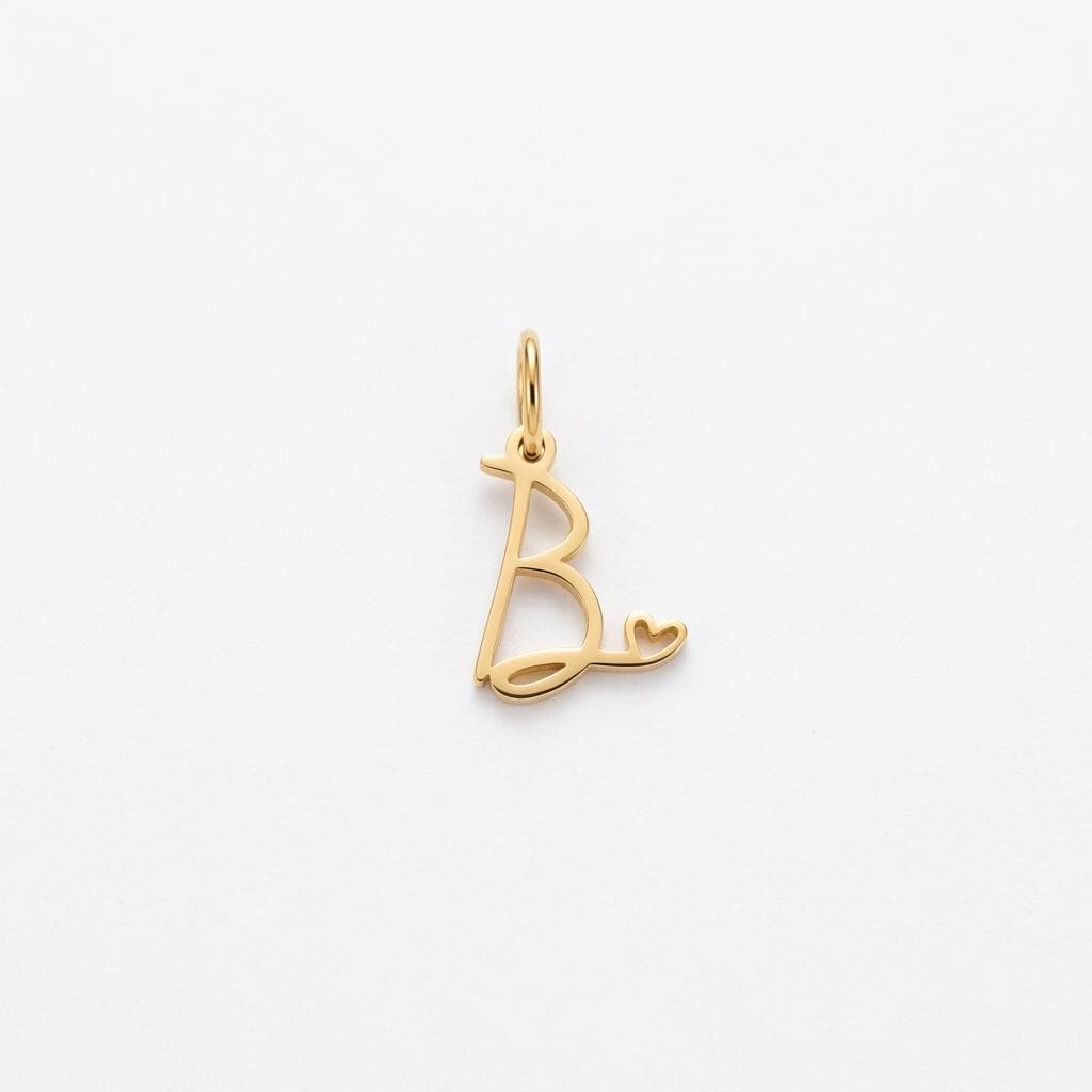 Gold Script Initial Charm, Stainless Steel Letter Pendant with Heart, Alphabet Necklace Charm, DIY Jewelry Supply