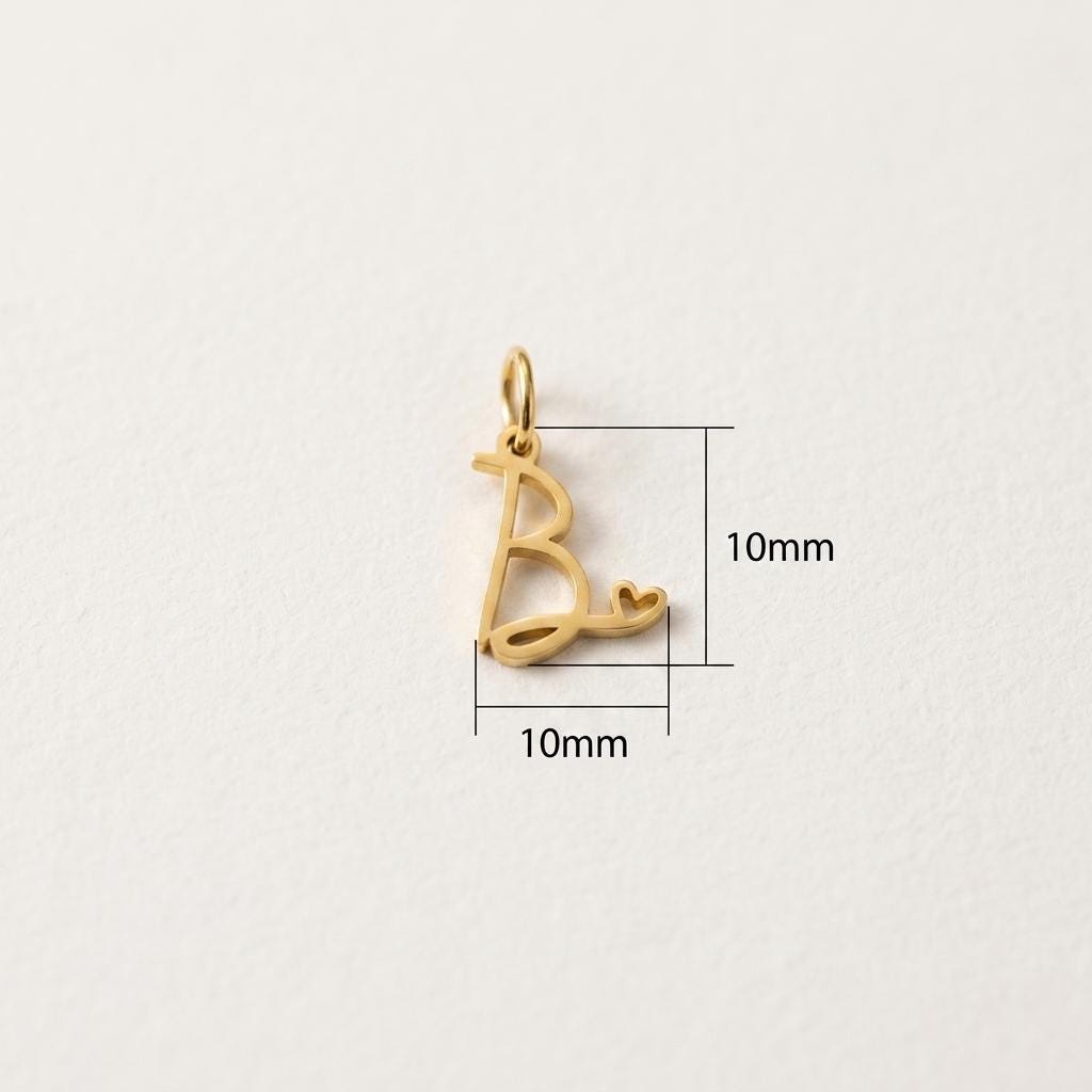 Gold Script Initial Charm, Stainless Steel Letter Pendant with Heart, Alphabet Necklace Charm, DIY Jewelry Supply