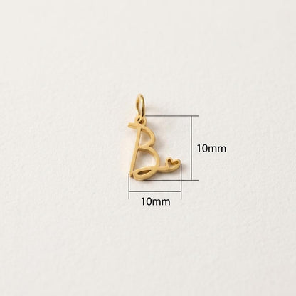 Gold Script Initial Charm, Stainless Steel Letter Pendant with Heart, Alphabet Necklace Charm, DIY Jewelry Supply