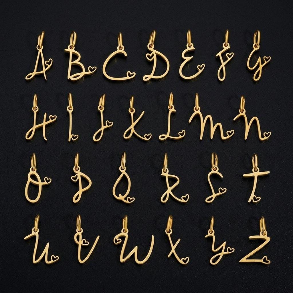 Gold script initial charms with heart accents, stainless steel alphabet letter pendants for necklaces and DIY jewelry making.